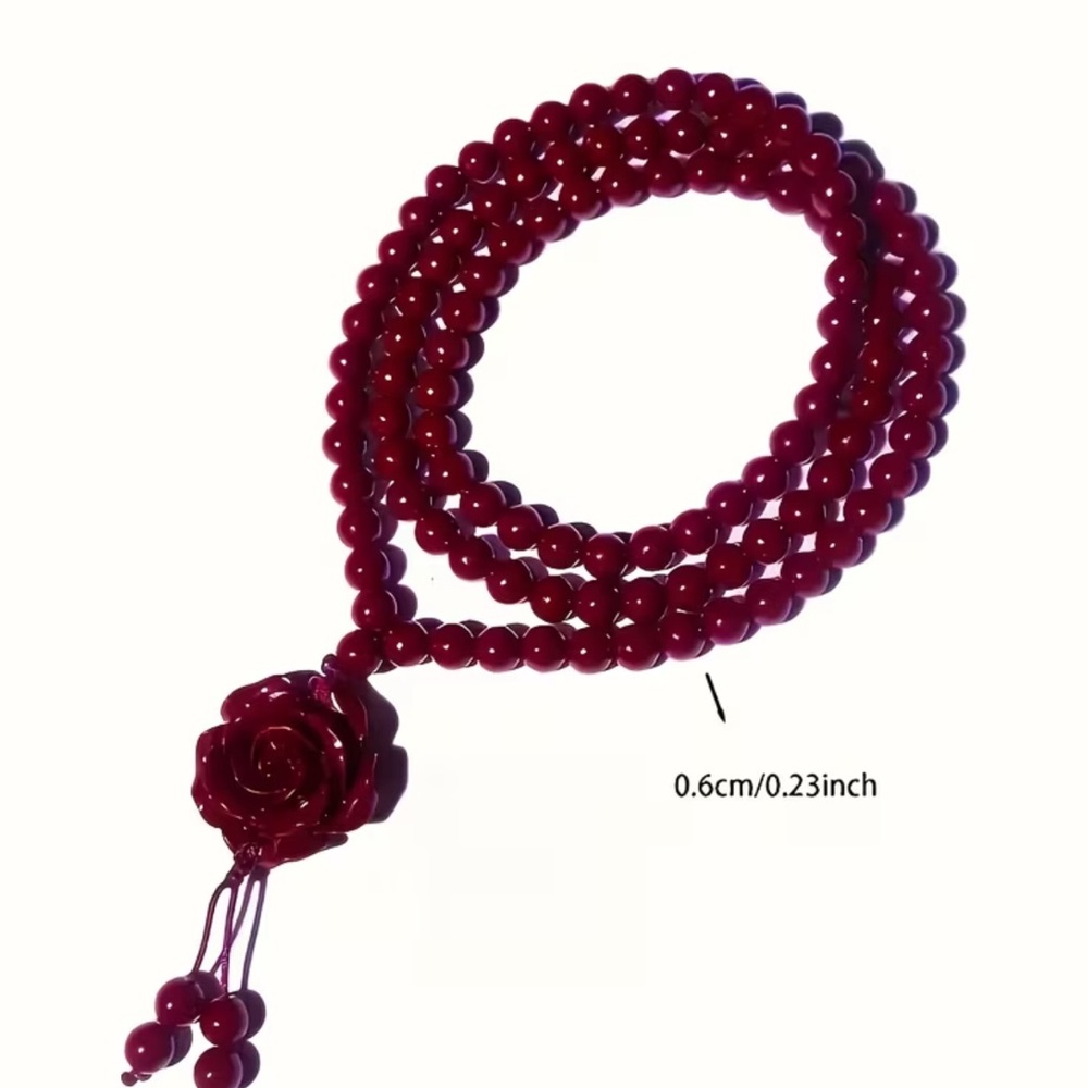 Elegant Red Beaded Necklace with Rose Charm - Picture 4 of 8